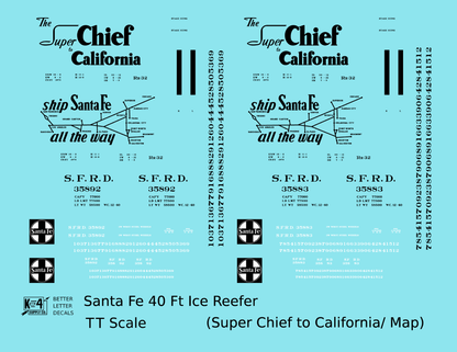 Santa Fe Reefer Despatch 40 Ft Ice Reefer Black Super Chief/Map - Decal - Choose Scale