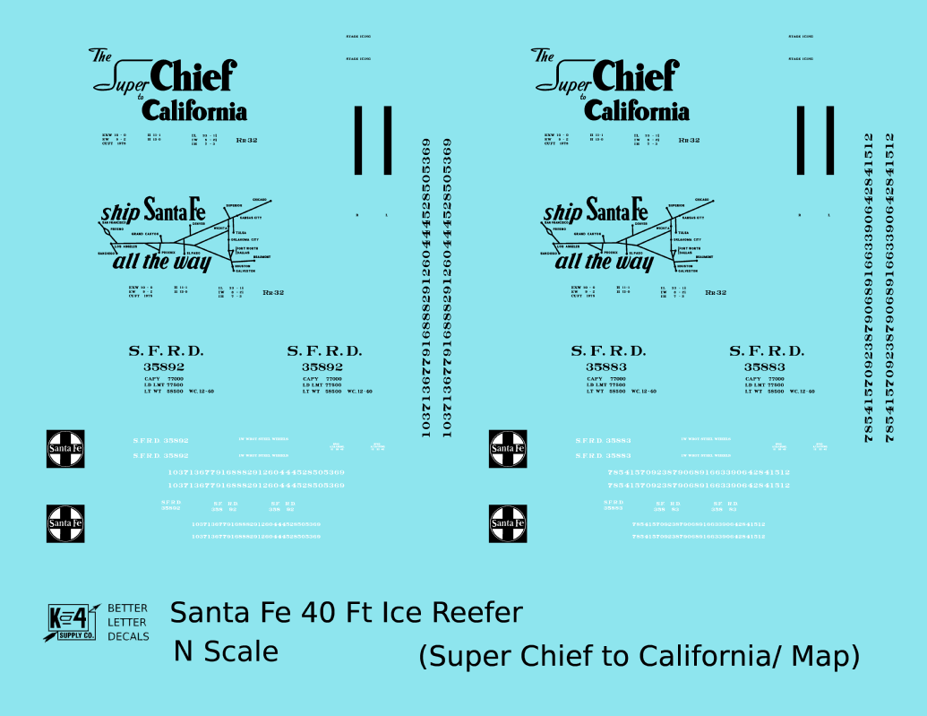 Santa Fe Reefer Despatch 40 Ft Ice Reefer Black Super Chief/Map - Decal - Choose Scale