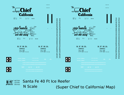 Santa Fe Reefer Despatch 40 Ft Ice Reefer Black Super Chief/Map - Decal - Choose Scale