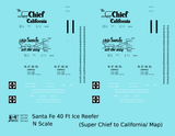 Santa Fe Reefer Despatch 40 Ft Ice Reefer Black Super Chief/Map - Decal - Choose Scale