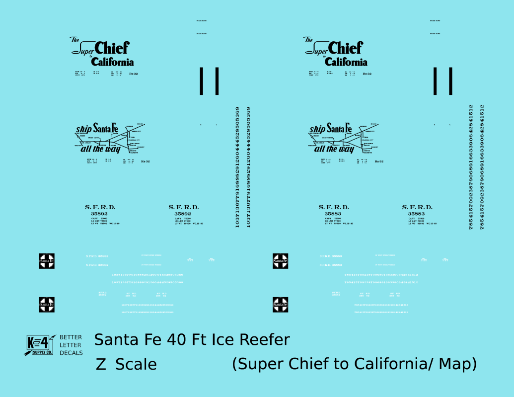 Santa Fe Reefer Despatch 40 Ft Ice Reefer Black Super Chief/Map - Decal - Choose Scale