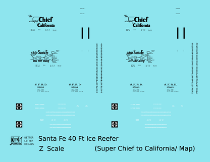 Santa Fe Reefer Despatch 40 Ft Ice Reefer Black Super Chief/Map - Decal - Choose Scale