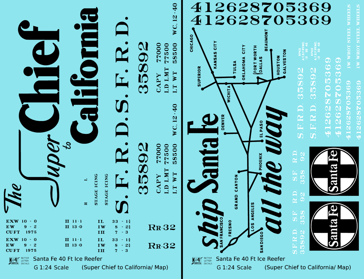 Santa Fe Reefer Despatch 40 Ft Ice Reefer Black Super Chief/Map - Decal - Choose Scale