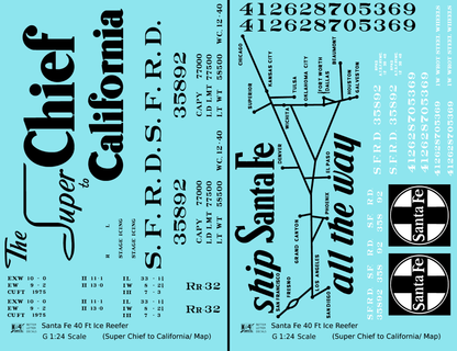 Santa Fe Reefer Despatch 40 Ft Ice Reefer Black Super Chief/Map - Decal - Choose Scale