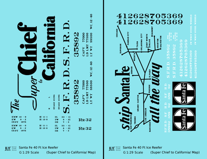 Santa Fe Reefer Despatch 40 Ft Ice Reefer Black Super Chief/Map - Decal - Choose Scale