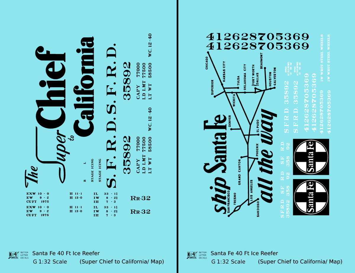 Santa Fe Reefer Despatch 40 Ft Ice Reefer Black Super Chief/Map - Decal - Choose Scale
