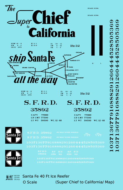 Santa Fe Reefer Despatch 40 Ft Ice Reefer Black Super Chief/Map - Decal Sheet