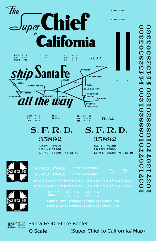 Santa Fe Reefer Despatch 40 Ft Ice Reefer Black Super Chief/Map - Decal Sheet