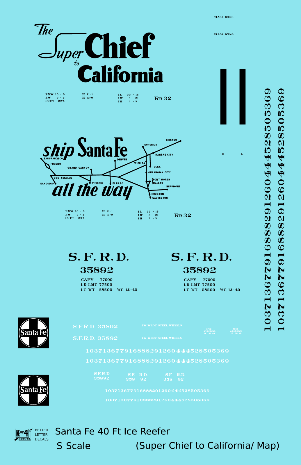 Santa Fe Reefer Despatch 40 Ft Ice Reefer Black Super Chief/Map - Decal - Choose Scale