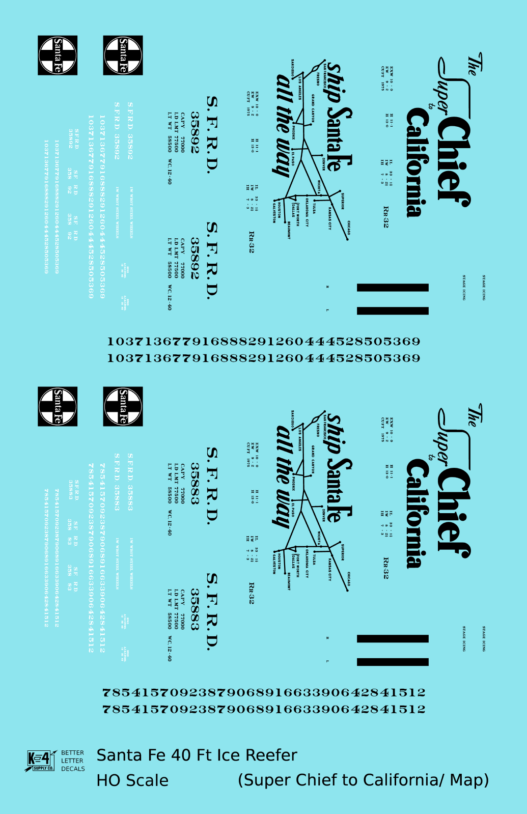 Santa Fe Reefer Despatch 40 Ft Ice Reefer Black Super Chief/Map - Decal - Choose Scale