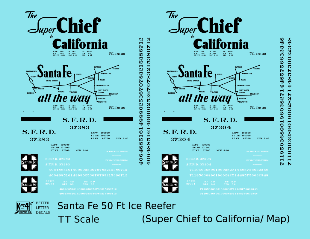 Santa Fe Reefer Despatch 50 Ft Ice Reefer Black Super Chief/Map - Decal - Choose Scale