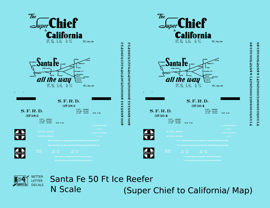 Santa Fe Reefer Despatch 50 Ft Ice Reefer Black Super Chief/Map - Decal - Choose Scale