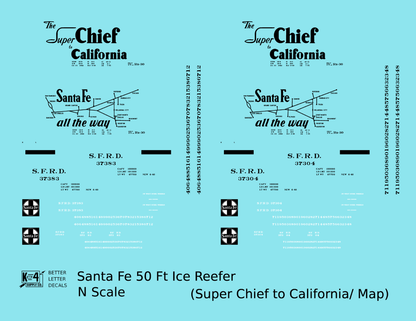 Santa Fe Reefer Despatch 50 Ft Ice Reefer Black Super Chief/Map - Decal - Choose Scale