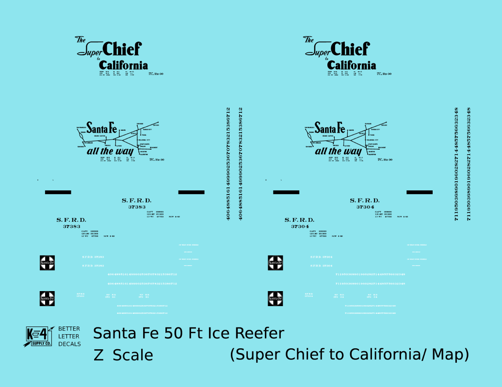Santa Fe Reefer Despatch 50 Ft Ice Reefer Black Super Chief/Map - Decal - Choose Scale