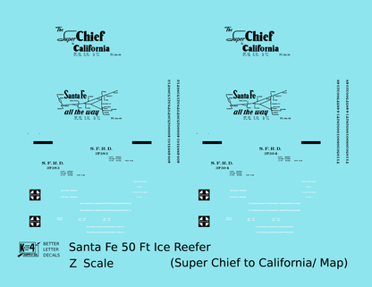 Santa Fe Reefer Despatch 50 Ft Ice Reefer Black Super Chief/Map - Decal - Choose Scale