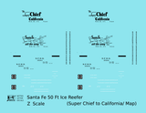 Santa Fe Reefer Despatch 50 Ft Ice Reefer Black Super Chief/Map - Decal - Choose Scale