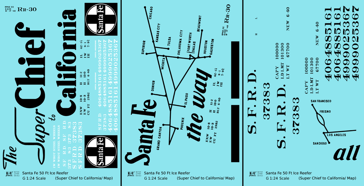 Santa Fe Reefer Despatch 50 Ft Ice Reefer Black Super Chief/Map - Decal - Choose Scale