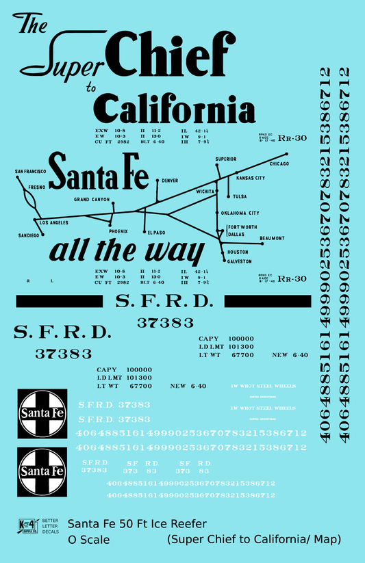 Santa Fe Reefer Despatch 50 Ft Ice Reefer Black Super Chief/Map - Decal Sheet