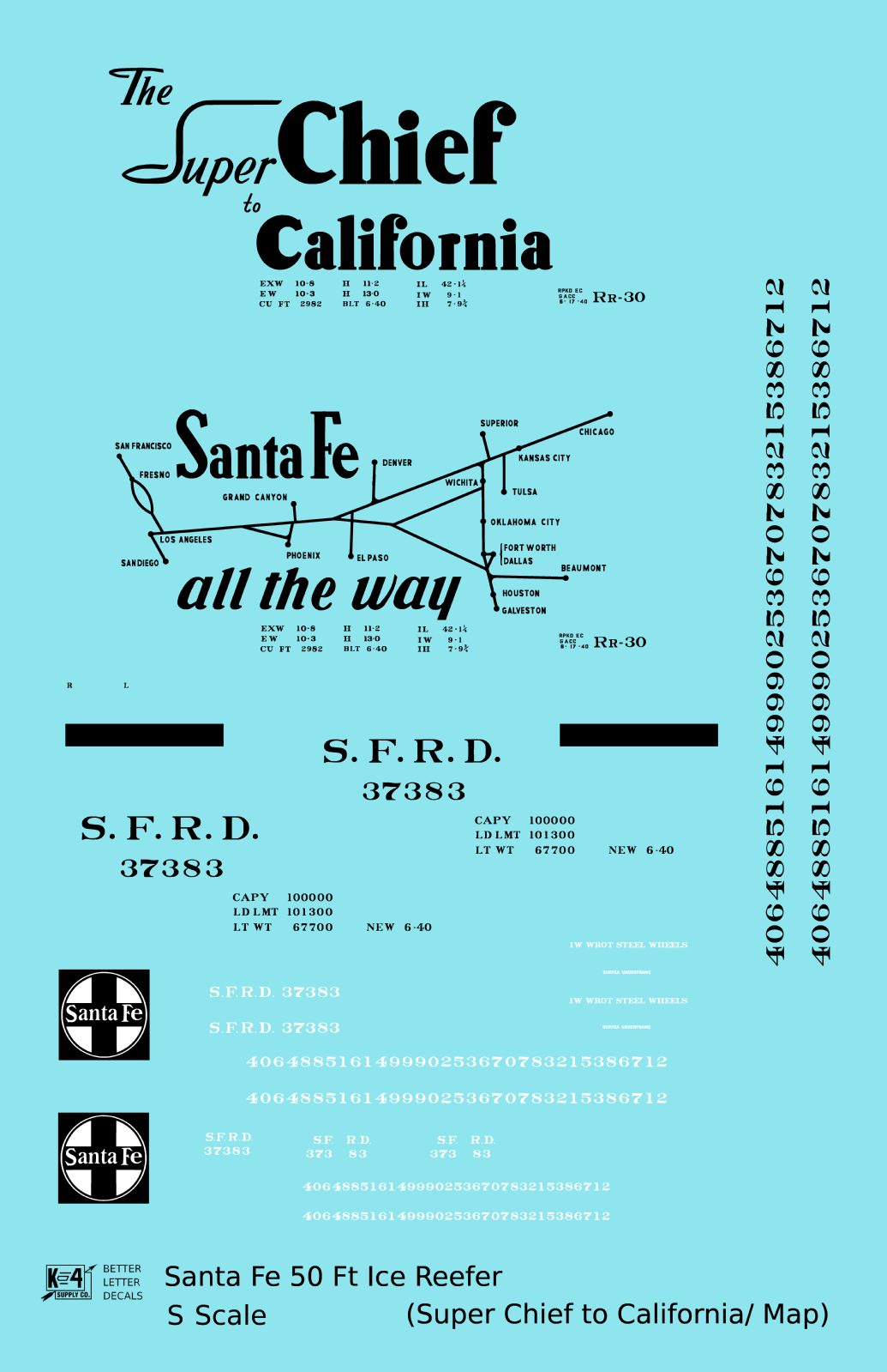 Santa Fe Reefer Despatch 50 Ft Ice Reefer Black Super Chief/Map - Decal - Choose Scale