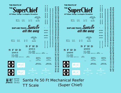 Santa Fe Reefer Despatch 50 Ft Mechanical Reefer Black Super Chief MTC - Decal - Choose Scale