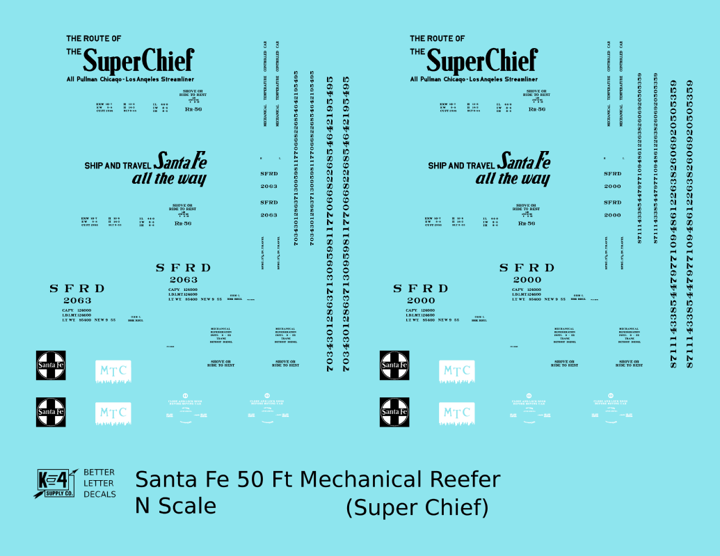 Santa Fe Reefer Despatch 50 Ft Mechanical Reefer Black Super Chief MTC - Decal - Choose Scale
