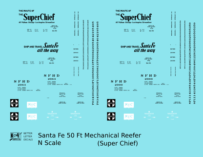 Santa Fe Reefer Despatch 50 Ft Mechanical Reefer Black Super Chief MTC - Decal - Choose Scale