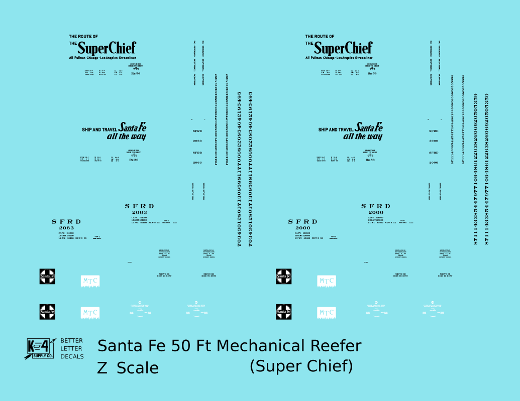 Santa Fe Reefer Despatch 50 Ft Mechanical Reefer Black Super Chief MTC - Decal - Choose Scale