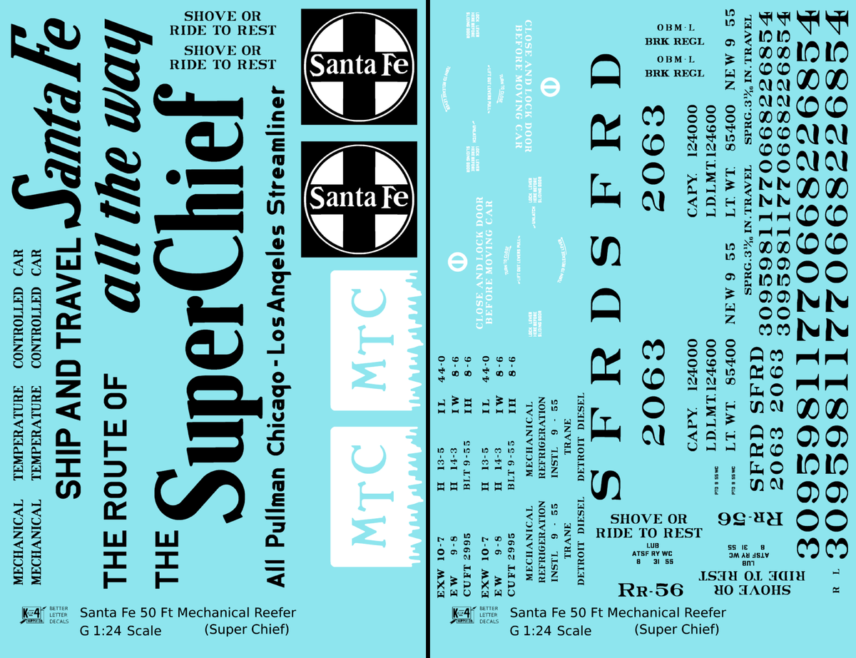 Santa Fe Reefer Despatch 50 Ft Mechanical Reefer Black Super Chief MTC - Decal - Choose Scale