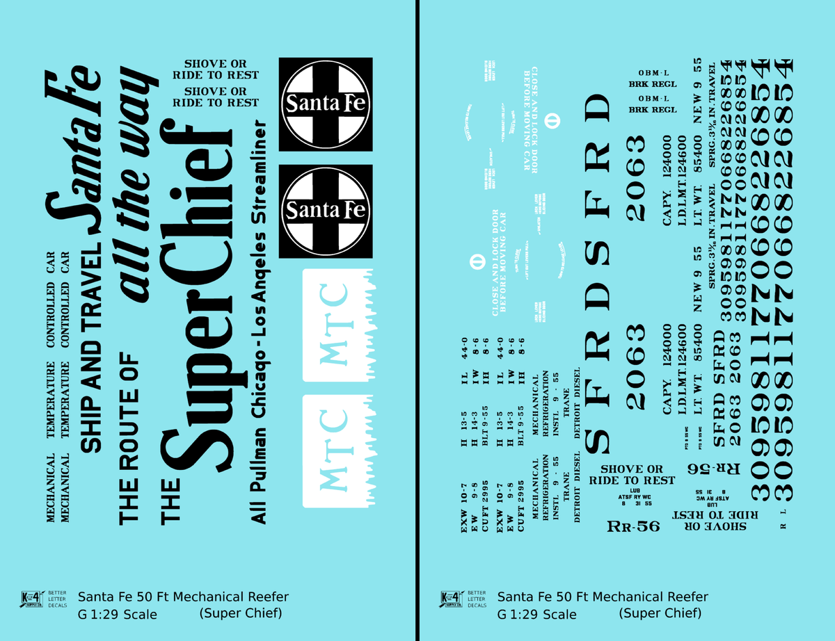 Santa Fe Reefer Despatch 50 Ft Mechanical Reefer Black Super Chief MTC - Decal - Choose Scale