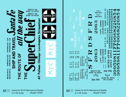 Santa Fe Reefer Despatch 50 Ft Mechanical Reefer Black Super Chief MTC - Decal - Choose Scale