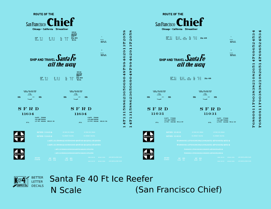 Santa Fe Reefer Despatch 40 Ft Ice Reefer Black San Francisco Chief - Decal - Choose Scale