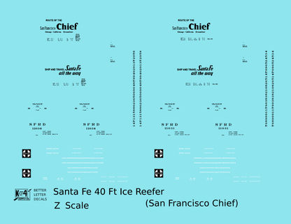 Santa Fe Reefer Despatch 40 Ft Ice Reefer Black San Francisco Chief - Decal - Choose Scale