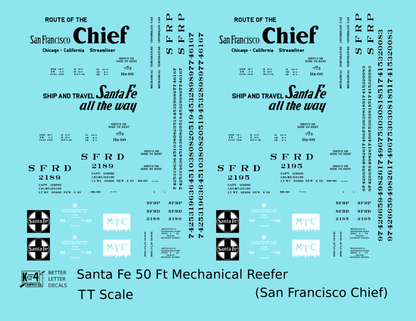 Santa Fe Reefer Despatch 50 Ft Mechanical Reefer Black San Francisco Chief MTC - Decal - Choose Scale