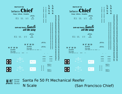 Santa Fe Reefer Despatch 50 Ft Mechanical Reefer Black San Francisco Chief MTC - Decal - Choose Scale