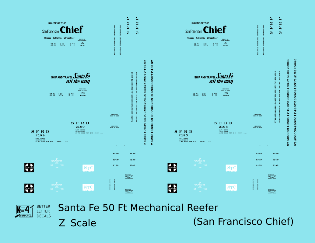 Santa Fe Reefer Despatch 50 Ft Mechanical Reefer Black San Francisco Chief MTC - Decal - Choose Scale