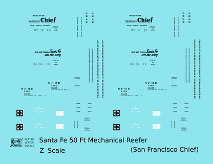 Santa Fe Reefer Despatch 50 Ft Mechanical Reefer Black San Francisco Chief MTC - Decal - Choose Scale