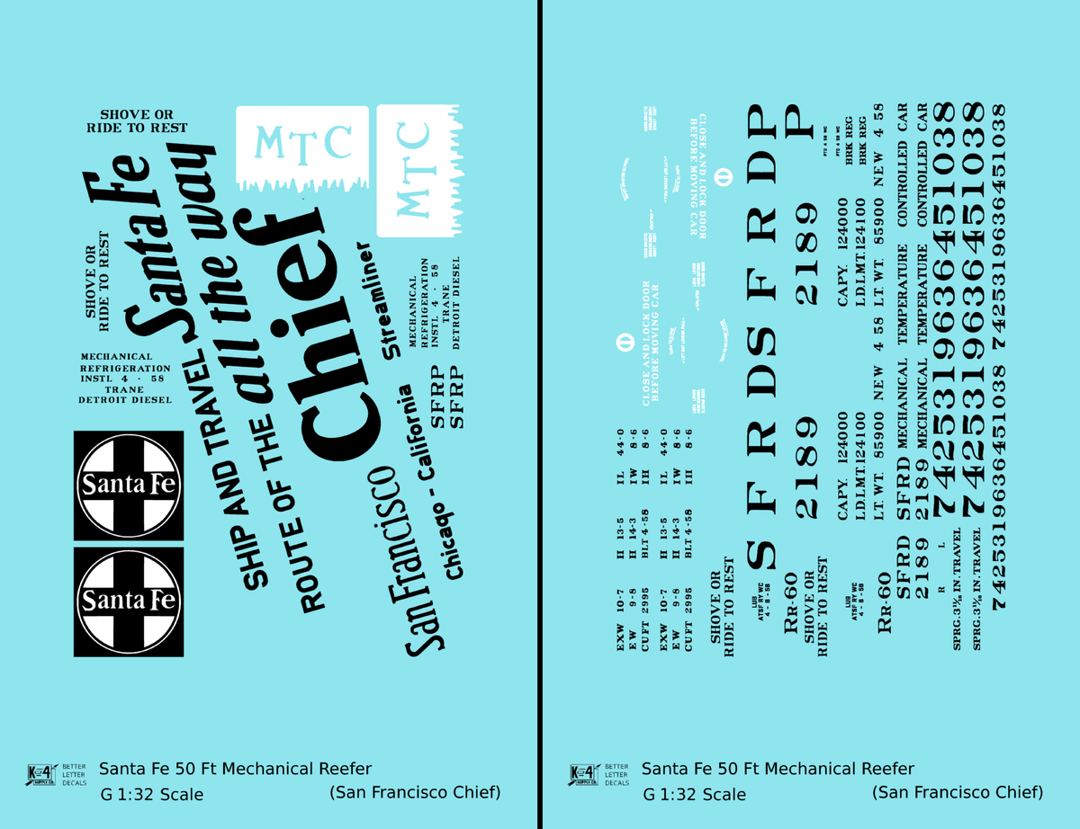 Santa Fe Reefer Despatch 50 Ft Mechanical Reefer Black San Francisco Chief MTC - Decal - Choose Scale