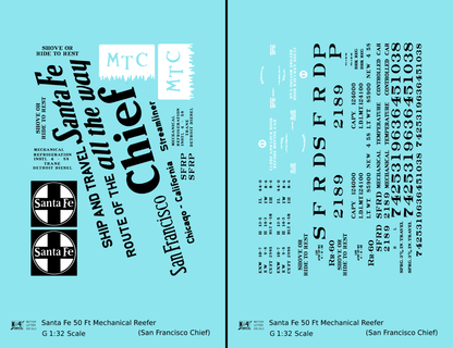 Santa Fe Reefer Despatch 50 Ft Mechanical Reefer Black San Francisco Chief MTC - Decal - Choose Scale
