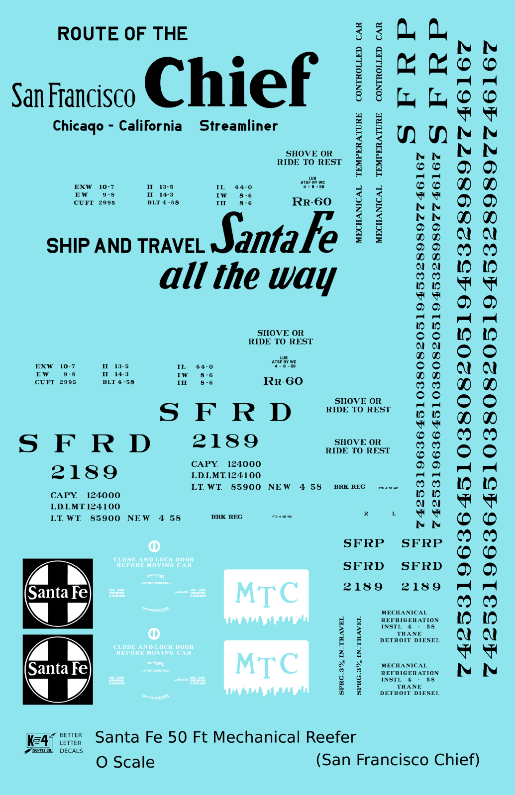 Santa Fe Reefer Despatch 50 Ft Mechanical Reefer Black San Francisco Chief MTC - Decal Sheet