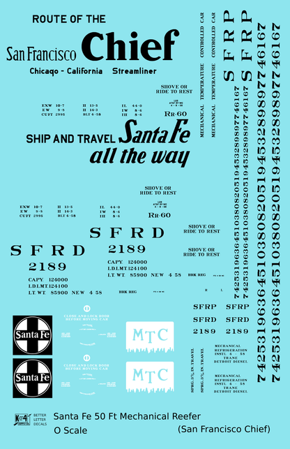 Santa Fe Reefer Despatch 50 Ft Mechanical Reefer Black San Francisco Chief MTC - Decal Sheet