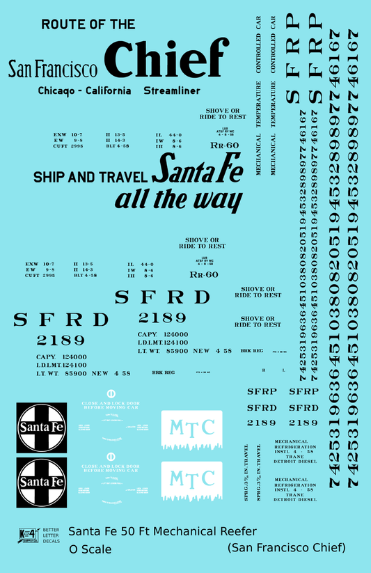 Santa Fe Reefer Despatch 50 Ft Mechanical Reefer Black San Francisco Chief MTC - Decal Sheet