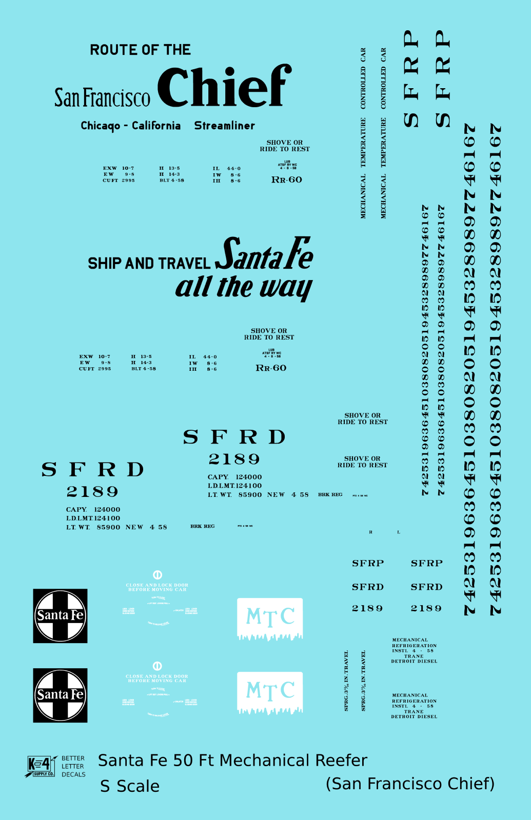 Santa Fe Reefer Despatch 50 Ft Mechanical Reefer Black San Francisco Chief MTC - Decal - Choose Scale