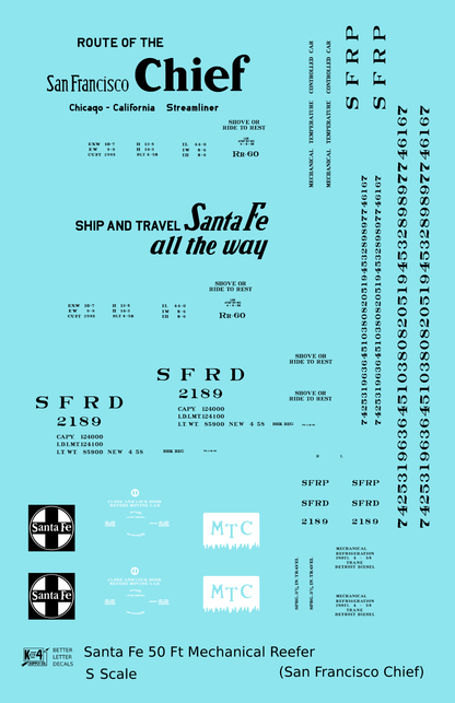 Santa Fe Reefer Despatch 50 Ft Mechanical Reefer Black San Francisco Chief MTC - Decal - Choose Scale
