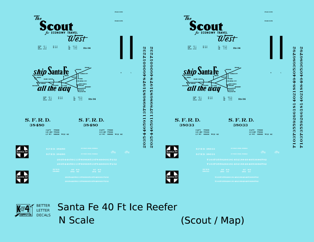 Santa Fe Reefer Despatch 40 Ft Ice Reefer Black Scout/Map - Decal - Choose Scale