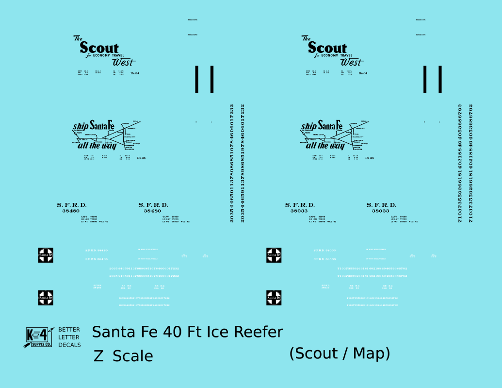 Santa Fe Reefer Despatch 40 Ft Ice Reefer Black Scout/Map - Decal - Choose Scale