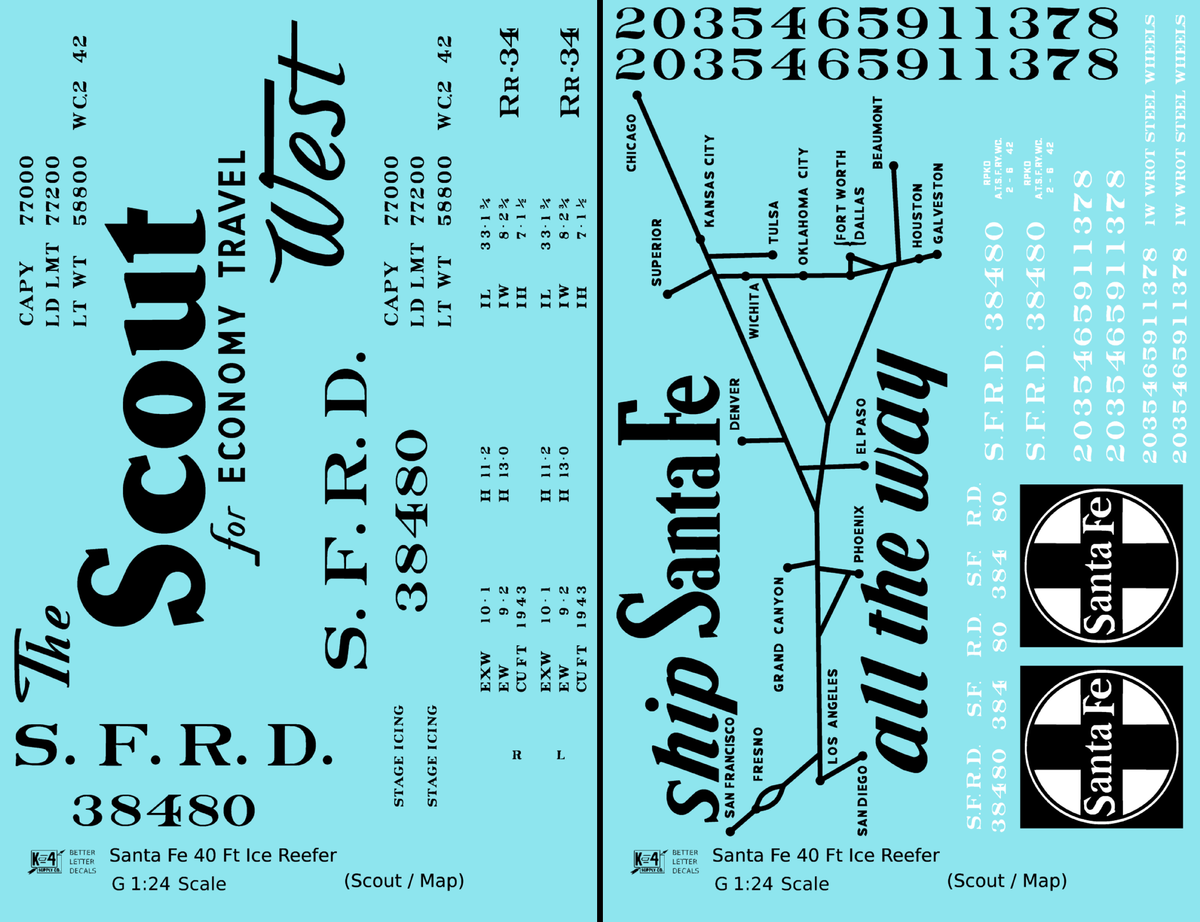 Santa Fe Reefer Despatch 40 Ft Ice Reefer Black Scout/Map - Decal - Choose Scale