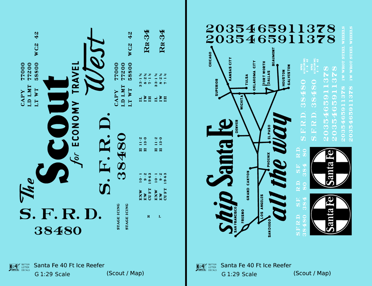 Santa Fe Reefer Despatch 40 Ft Ice Reefer Black Scout/Map - Decal - Choose Scale