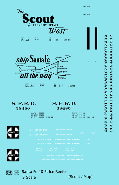 Santa Fe Reefer Despatch 40 Ft Ice Reefer Black Scout/Map - Decal - Choose Scale