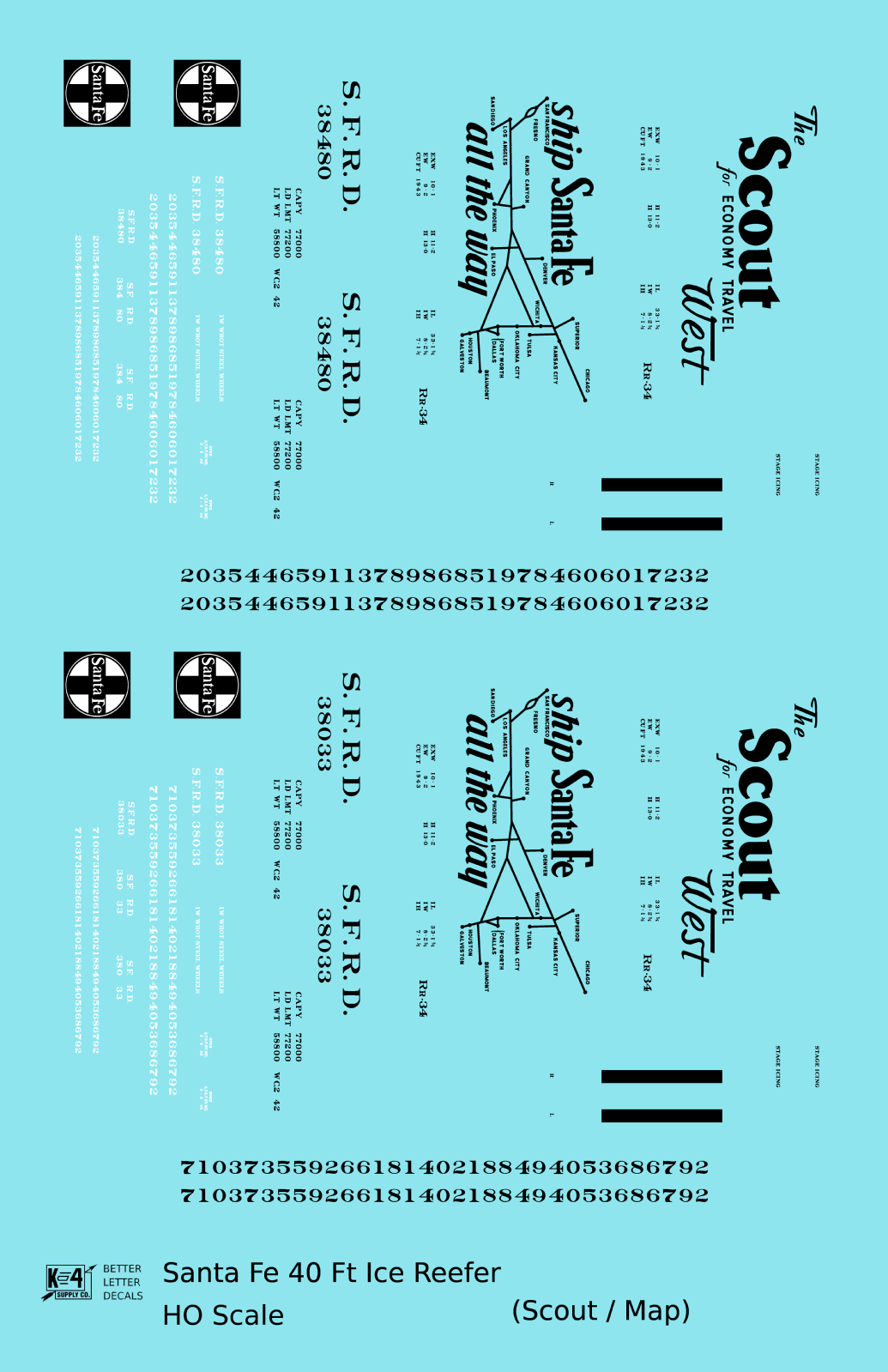 Santa Fe Reefer Despatch 40 Ft Ice Reefer Black Scout/Map - Decal - Choose Scale