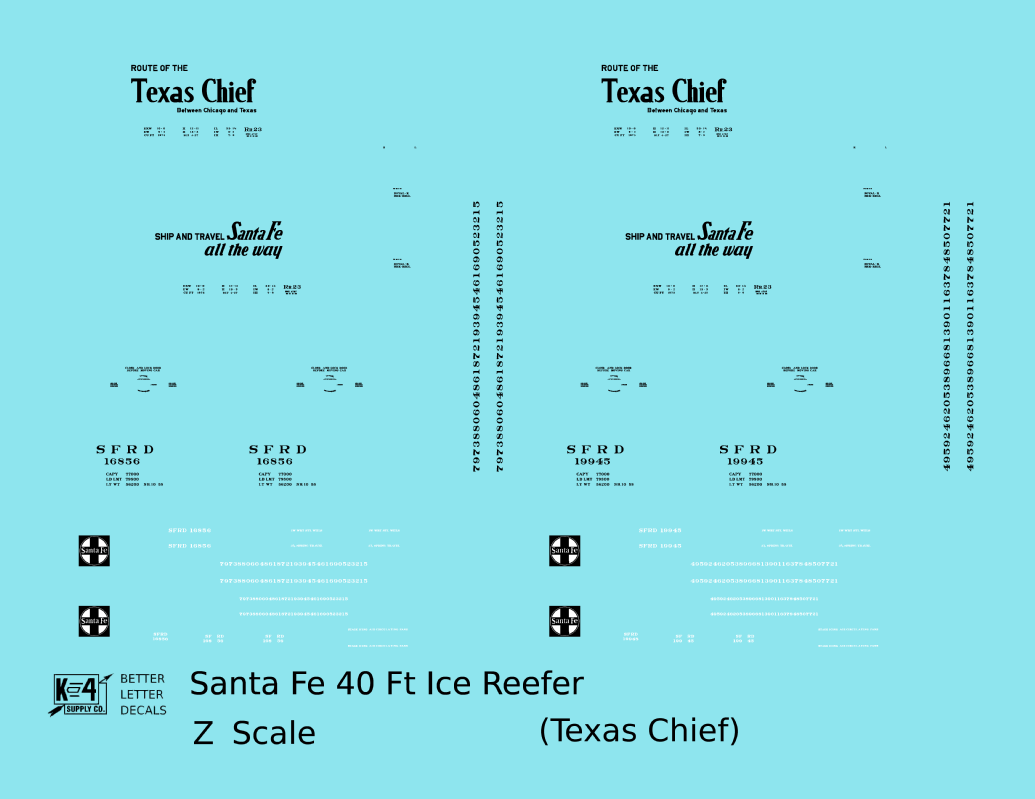 Santa Fe Reefer Despatch 40 Ft Ice Reefer Black Texas Chief - Decal - Choose Scale